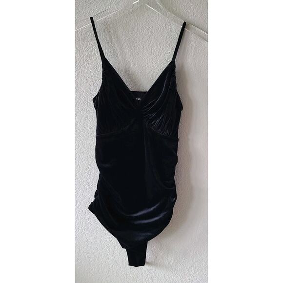 Express Women‎ Velvet Bodysuit SZ Small Black Plunge Neck Royalcore Goth Y2K - Picture 2 of 12